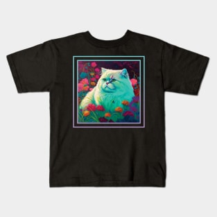 Minty Persian Cat Vibrant Tropical Flower Digital Oil Painting Portrait Kids T-Shirt